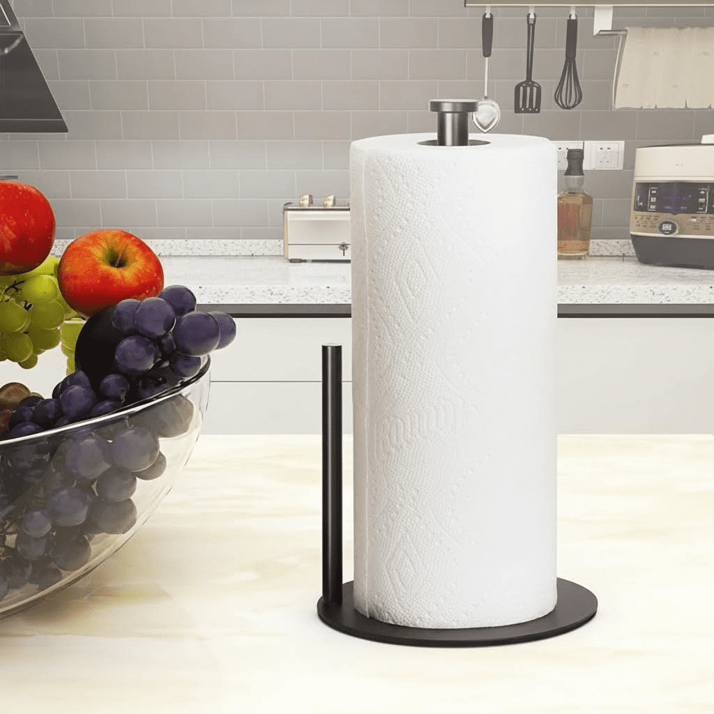 Stainless Steel Paper Towel Holder Stand for Kitchen Countertop and Bathroom Organization, Holds Standard and Large Paper Towel Rolls in Matte Black Finish