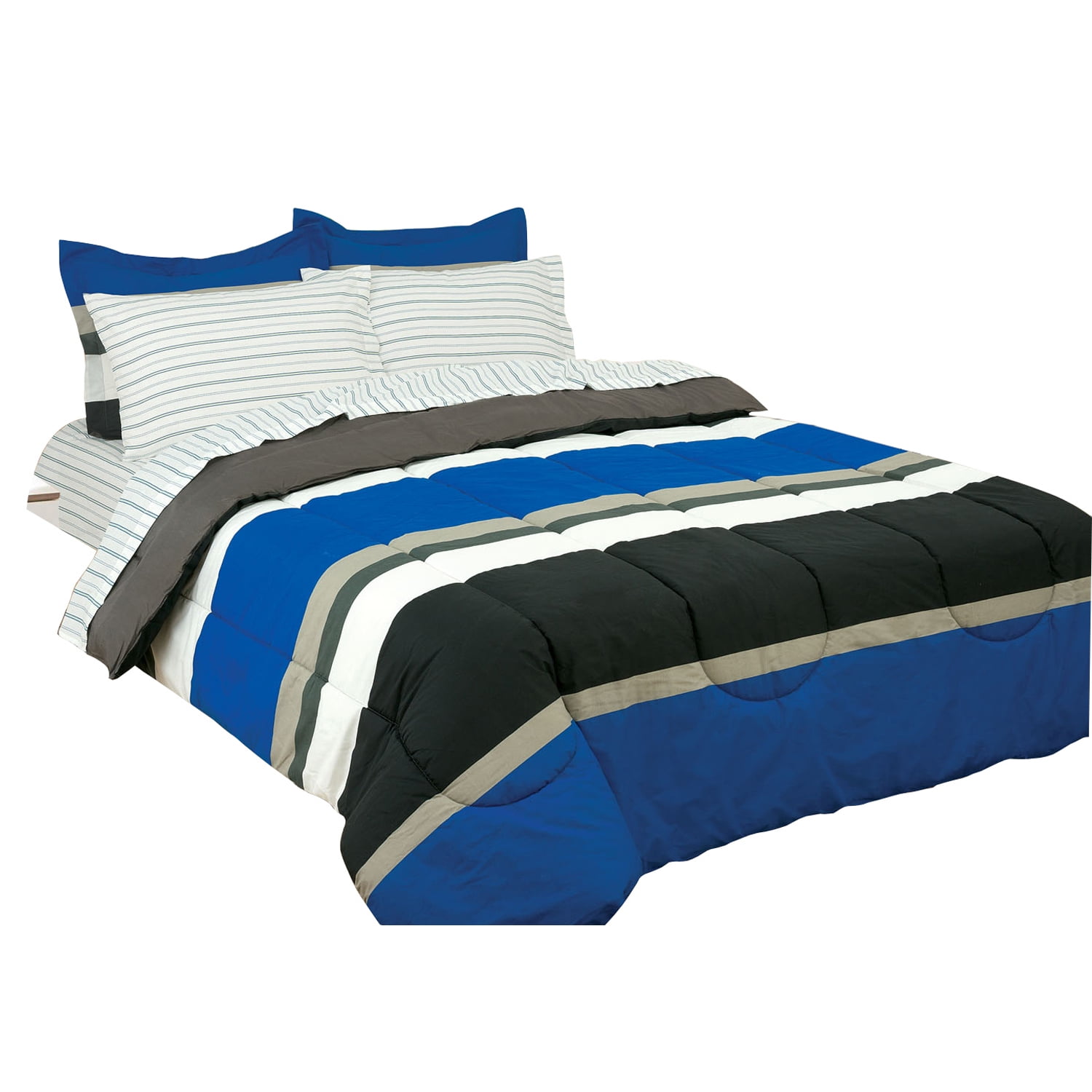 Queen Comforter Set, Rugby Stripe Blue Reversible Bed in a Bag
