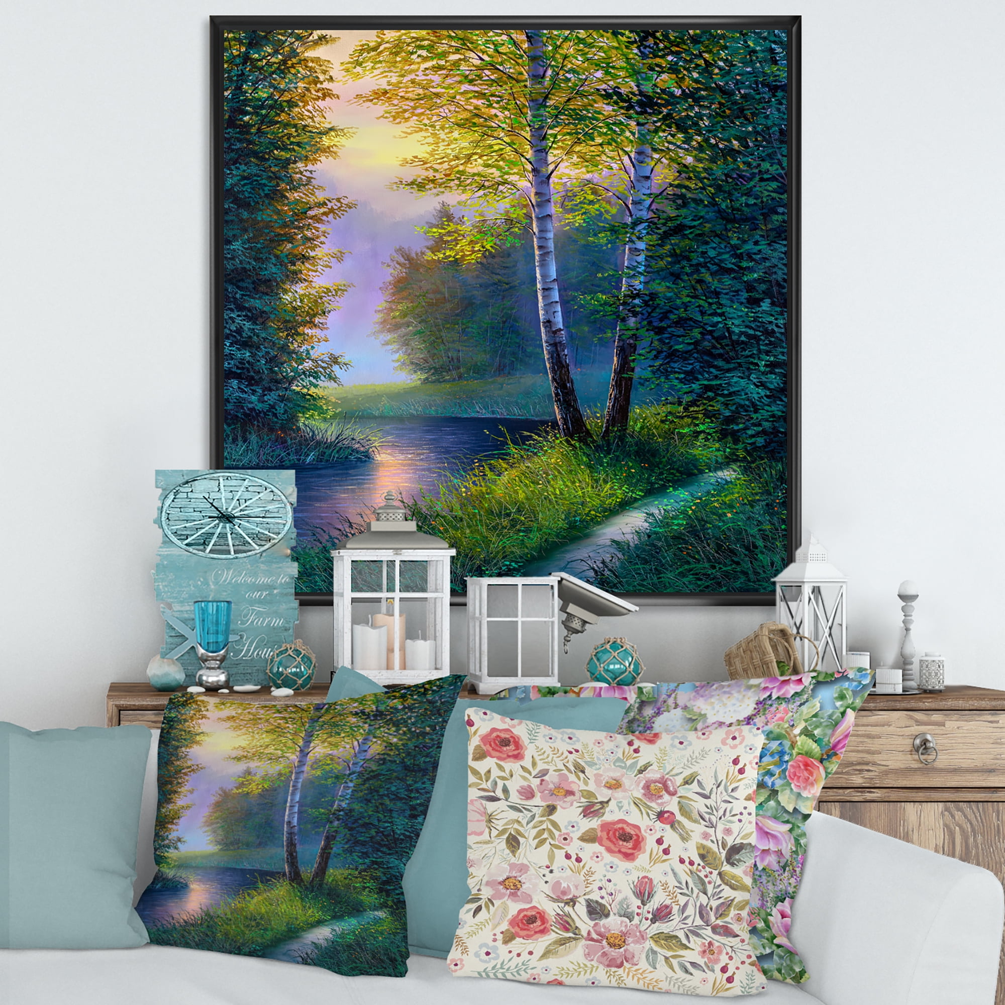 Designart 'Sunrise Glow Through The Birch Forest' Lake House Framed Canvas Wall Art Print