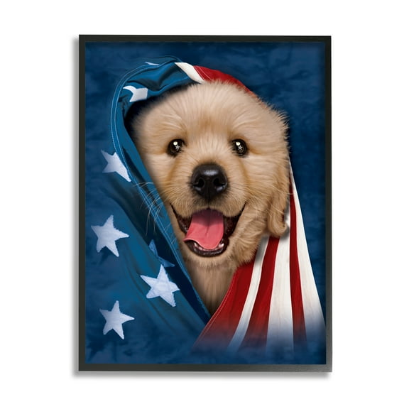 Stupell Industries Puppy & American Flag Animals & Insects Painting Black Framed Art Print Wall Art, 11 x 14