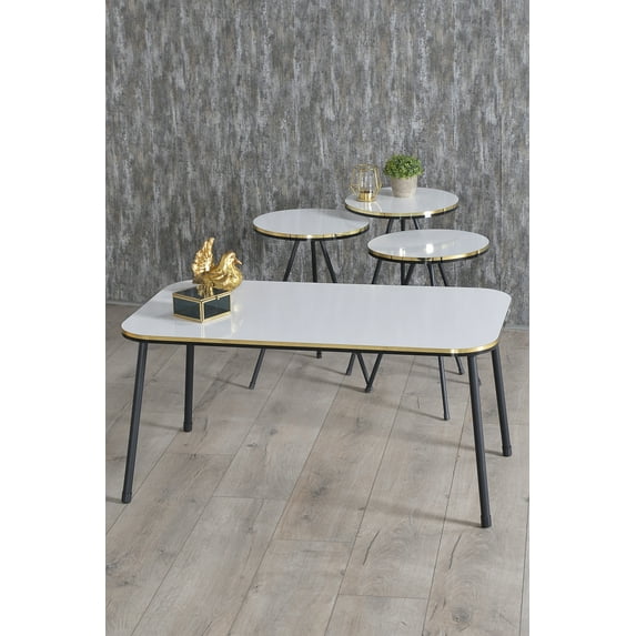 White Table Set with 4 PCS,Rectangular Coffee Table Set of 3 Modern Round Nesting Coffee Tables,Coffee Table with Black Metal Legs,Stacking Side Tables With Gold/Black Side Details,End Tables