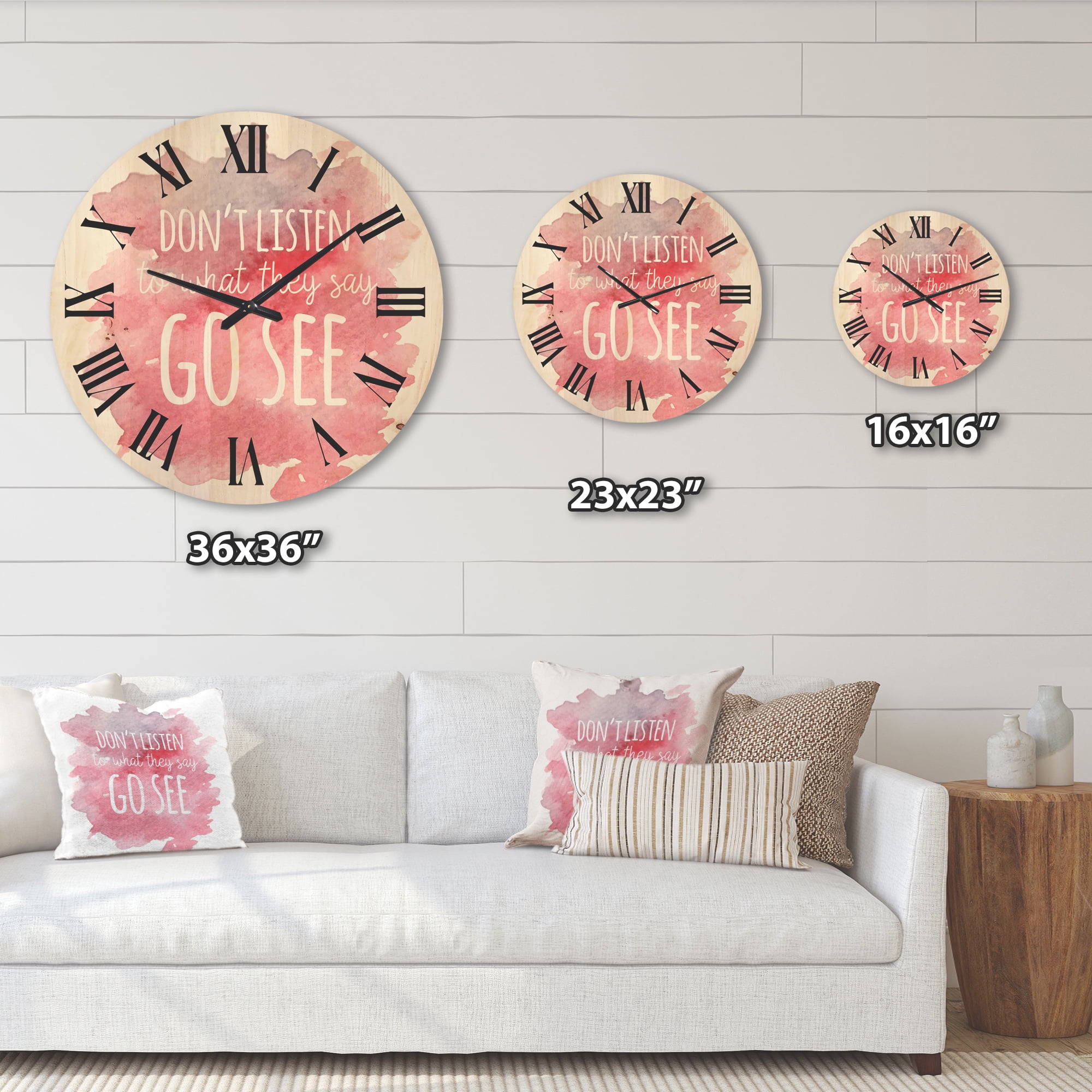 Designart 'Don't Listen To What They Say Go See On Pink Background' Traditional Wood Wall Clock