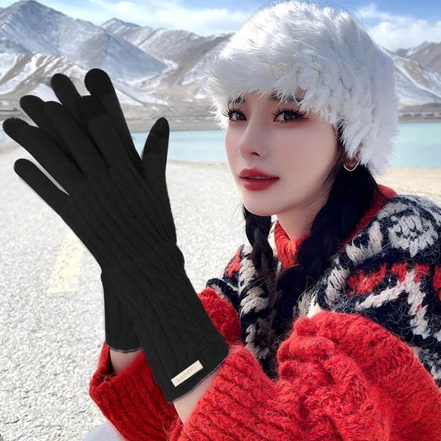 Winter Lingge Long Wristband Woven Two Finger Screen Gloves For Women