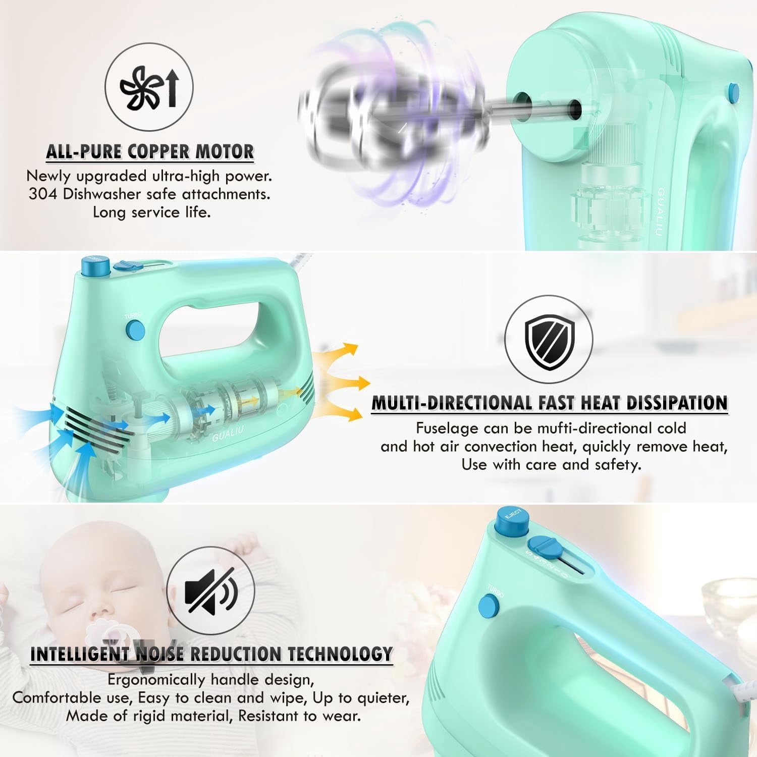 CozyNestFinds Electric Hand Mixer with Stainless Steel Whisk,Dough Hook Attachment and Storage Bag, Handheld Mixer for Baking Cakes,Eggs,Cream Food Mixers. Turbo Boost /5 Speed Kitchen Blender GREEN