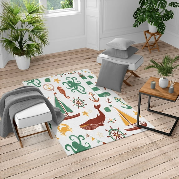 Nautical Turkish Area Rug, Pastel Colored Composition of Lighthouse Sailboat Fish Shells Octopus, Soft Carpet for Living Room Decor with Distressed Look, 5.2' X 7.6', Green and Burgundy, by Ambesonne