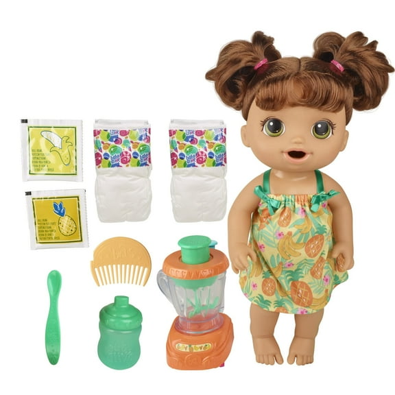 Baby Alive Magical Mixer Baby Doll Tropical Treat with Blender Accessories, Drinks, Wets, Eats, Brown Hair Toy for Kids Ages 3 and Up BE18