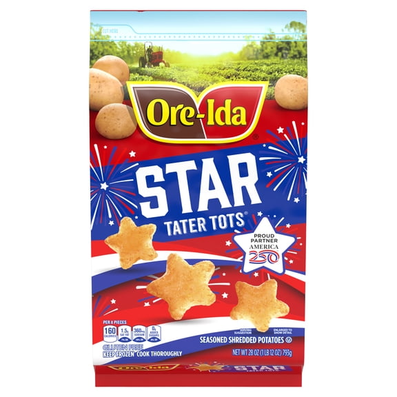 Ore-Ida Star Shaped Tater Tots Seasoned Shredded Frozen Potatoes, 1 Bag, for Easy Snacks and Dinner Sides, Gluten-Free, 28 oz