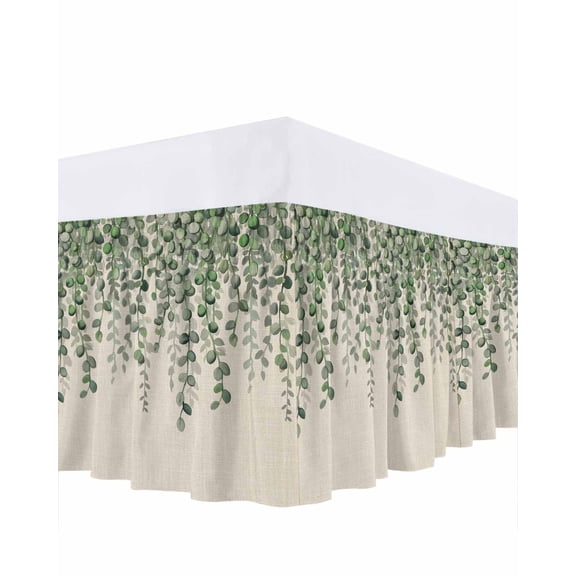 Retro Leaf Bed Skirt Queen Size 18 Inch Drop, Country Green Eucalyptus Leaves Flora Plant Linen Adjustable Elastic Dust Ruffles Bedskirt for Queen Bed Wrap Around Pleated Mattress Frame Cover