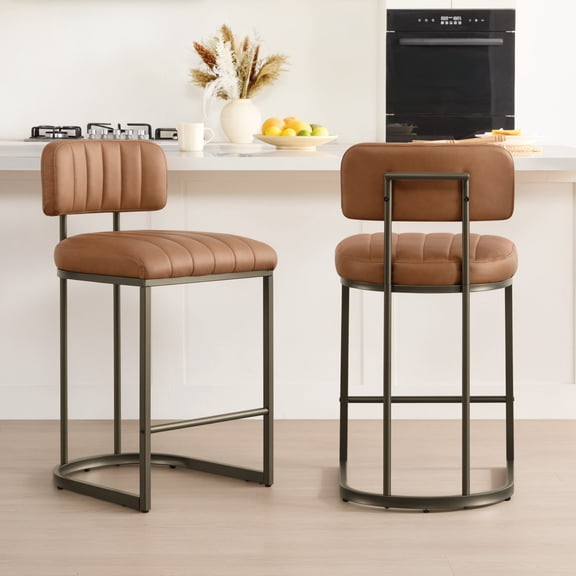Spruce & Spring 26" Fixed Counter Height Bar Stools Set of 2, Upholstered Counter Chairs with Curved Back & Channel Tufting, Metal Base for Kitchen Island & Home Bar, Brown Faux Leather