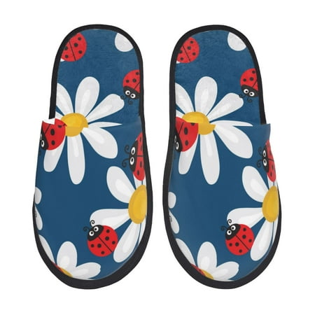 

Fuzoiu Daisies With Ladybugs Print Unisex Furry Slippers Plush Indoor Shoes Trendy House Slippers Anti-Skid EVA Sole House Shoes for Home Office and Travel -Large