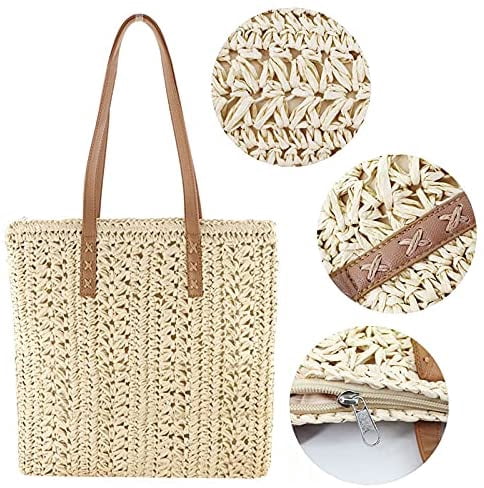 LinYooLi Women Straw Crochet Tote Bohemian Summer Beach Bag Large Handmade Shoulder Bag