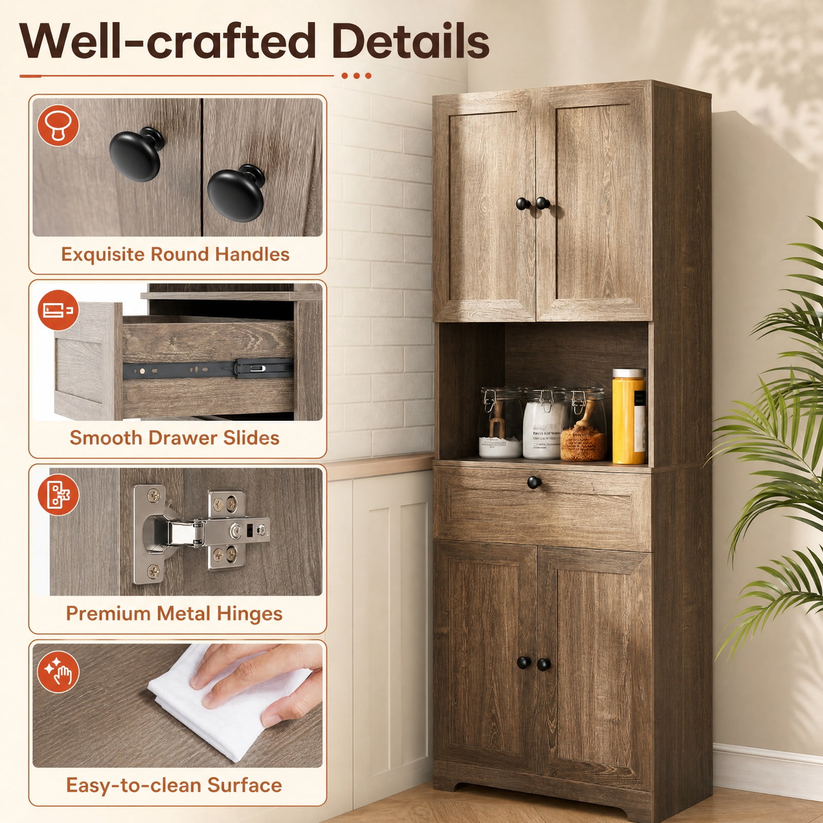 Furnibear 67.5 Inch Tall Modern Freestanding Floor Storage Cabinet with 4 Doors and 1 Drawer for Living Room Bedroom Entryway Hallway Storage, Oak