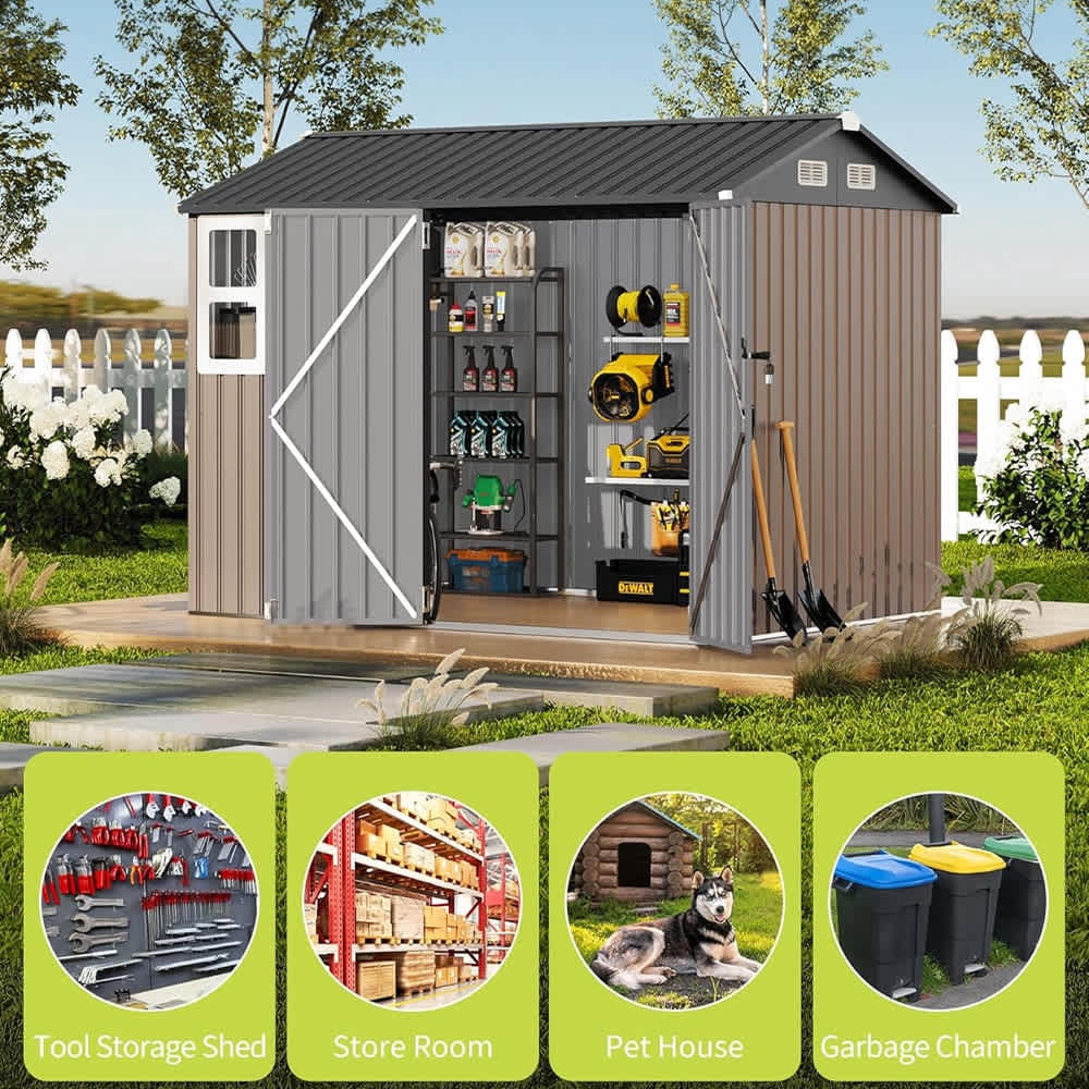 EastVita 8 x 6 ft Outdoor Metal Storage Shed with Windows and Lockable Doors Heavy-Duty Garden Tool Shed Brown