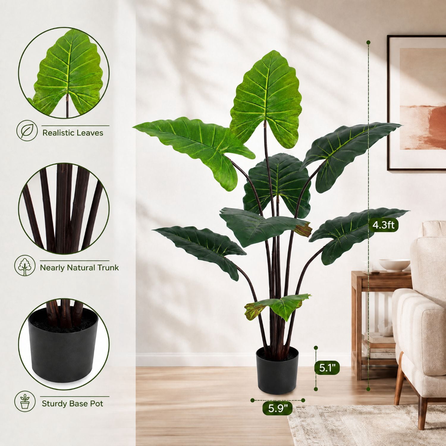 Easy4Home 4.3FT Artificial Plant Fake Caladium Plant Potted Indoor Faux Floor Plant for Home Office Decor, Green