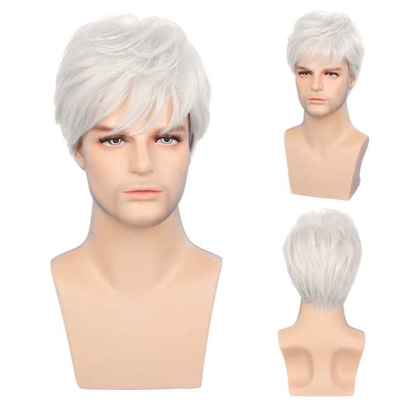 Pelucas blancas para hombre, disfraz de Cosplay Natural de capas cortas, pelucas de repuesto sintéticas resistentes al calor para Halloween