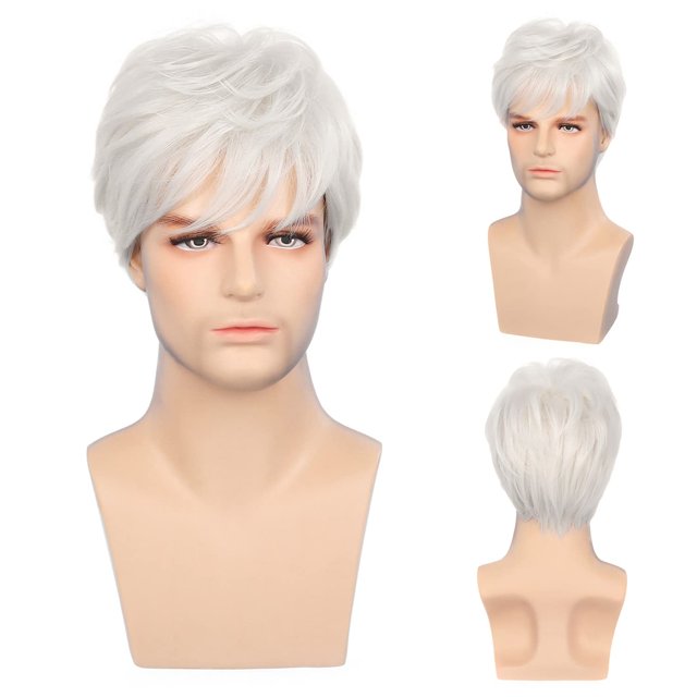 Pelucas blancas para hombre, disfraz de Cosplay Natural de capas cortas, pelucas de repuesto sintéticas resistentes al calor para Halloween