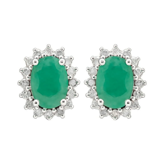 10k White Gold Oval Genuine Emerald and Diamond Halo Earrings