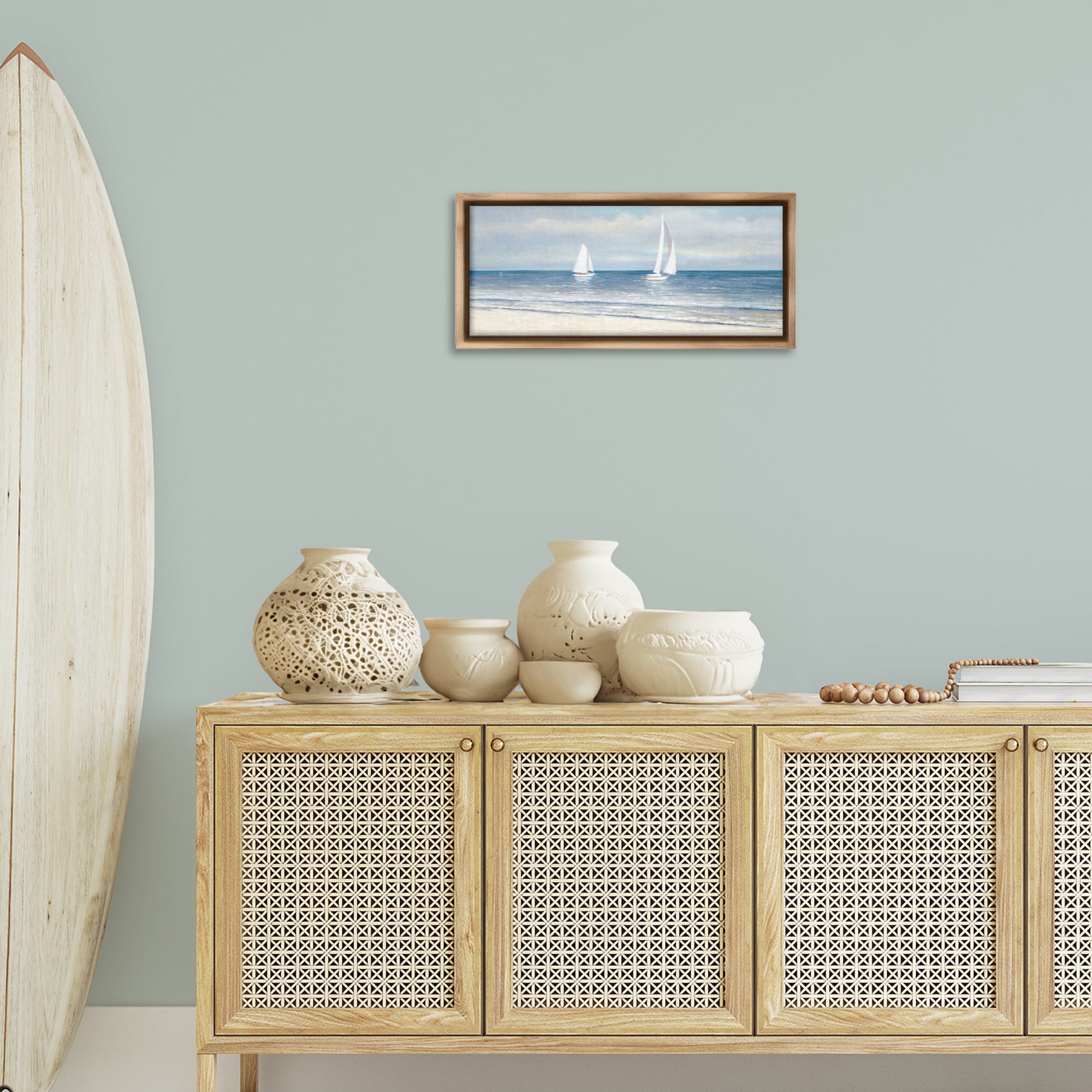 Stupell Industries Sooth Sailboats View Nautical & Beach Painting Brown Floater Framed Canvas Art Print Wall Art, 25 x 11