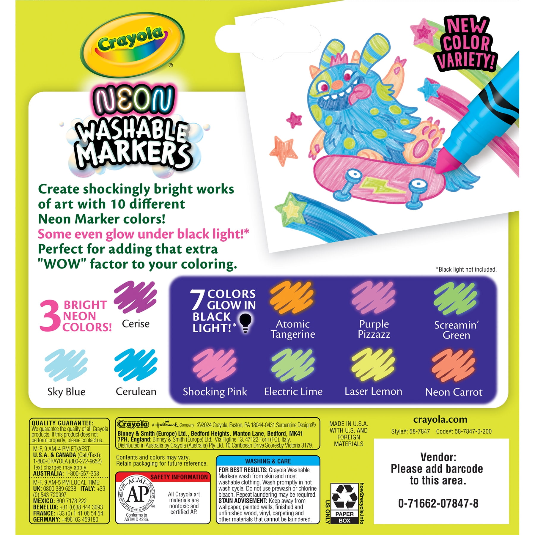 Crayola Washable Neon Broad Line Markers, 10 Per Pack, 6 Packs