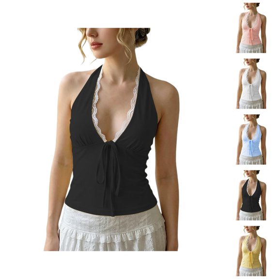 Halter Tops for Women Lace V Neck Tie Back Bow Front Slim Fitted Sleeveless Cropped Y2k Going out Tank Top
