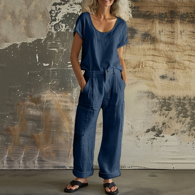 TaTaai Women's Spring Summer Two Piece Outfit Short Sleeve Round Neck T-Shirt and Cargo Trousers Solid Color Casual Matching Set for Daily Wear Gift