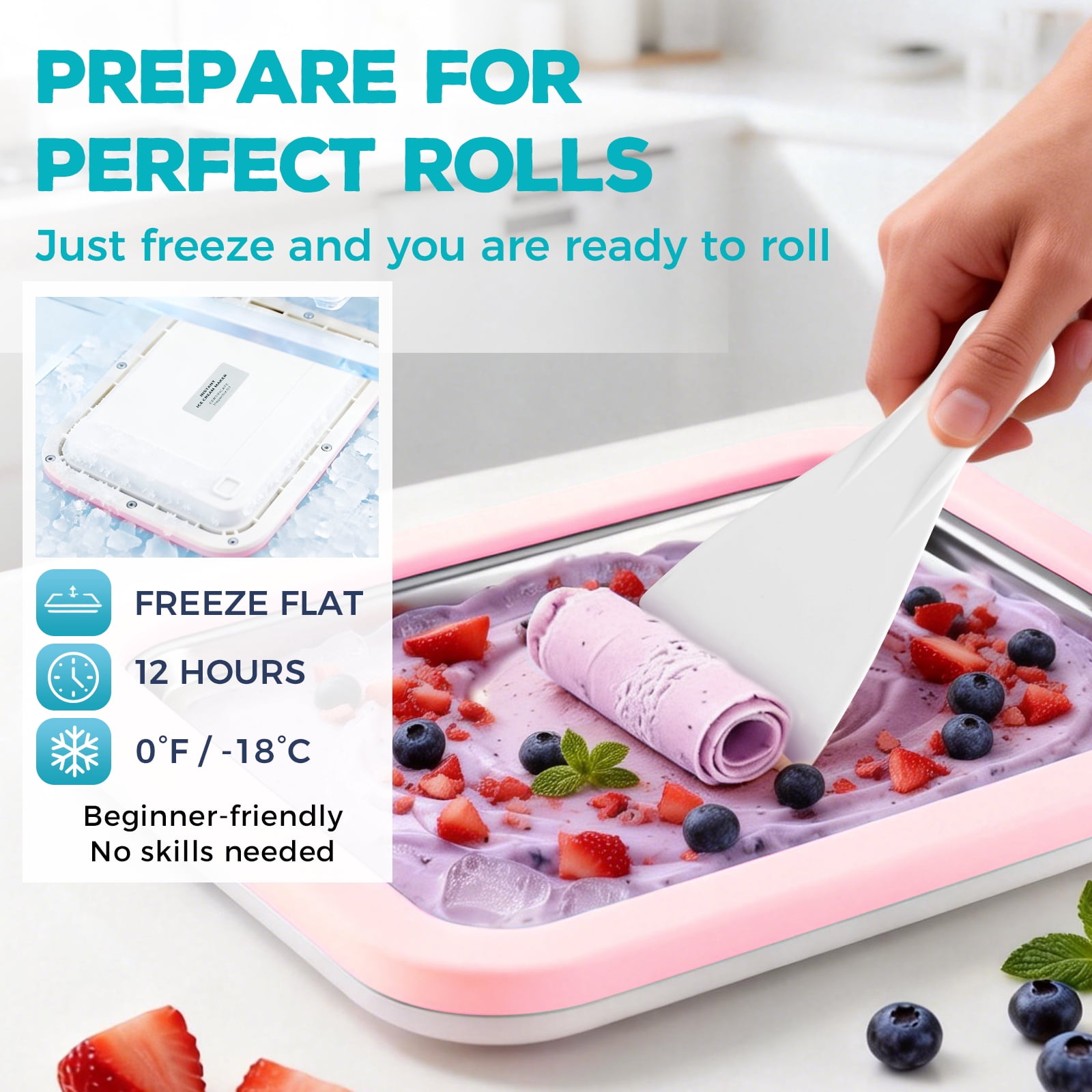 Rolled Ice Cream Maker with Quick Start Guide - DIY Instant Ice Cream Tray Kit, 2 Scrapers for Manual Homemade Ice Cream Rolls, Frozen Yogurt, Sorbets & Slushies, No Electricity Needed（pink）