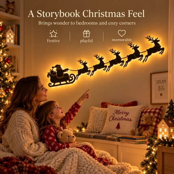 Fwttom Christmas Wall Decor with LED Lights Wooden Reindeer Sleigh Wall Lights Christmas Decorations Indooor for Holiday Home Decor