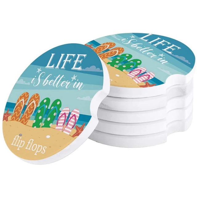 RYLABLUE Ocean Beach Starfish Shell Life is Better in Flip Flops Set of 4 Car Coaster for Drinks, Absorbent Ceramic Stone Coasters Cup Mat with Cork Base for Home Kitchen Room Coffee Table Bar Decor