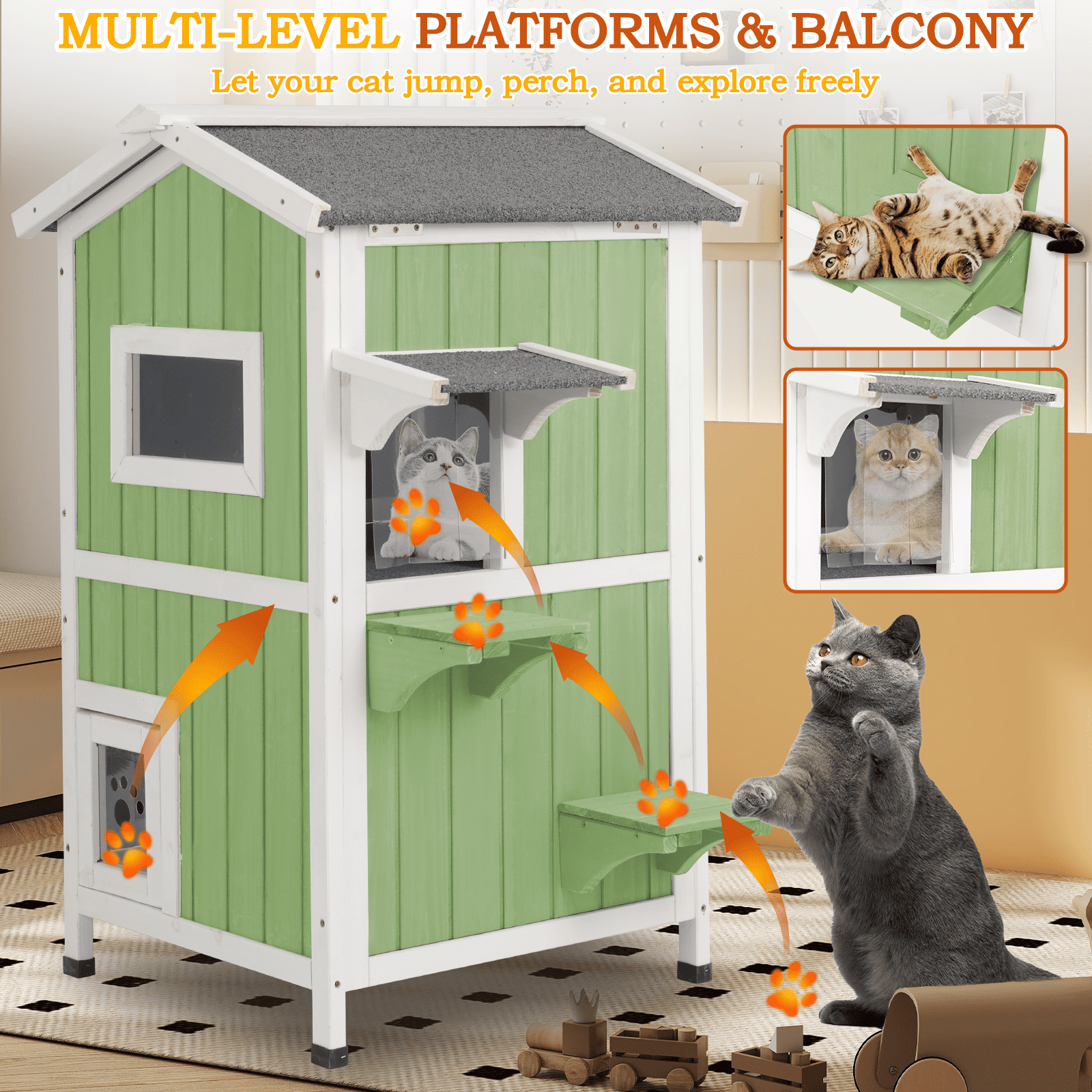 PETSCOSSET Insulated Cat House Outdoor Weatherproof All-Round Insulation Two Story Outside Wooden Feral Cat Shelter, Green