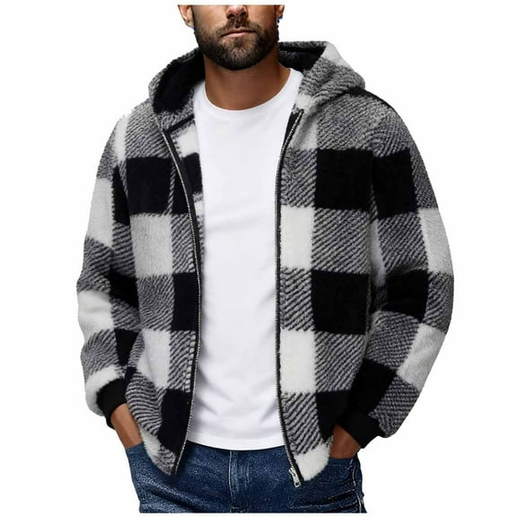 Chiccall Men Oversized Fuzzy Jacket Full Zip Plaid Hooded Coat Long Sleeve Thicken Fleece Thermal Coat Winter Warm Outwear with Pocket