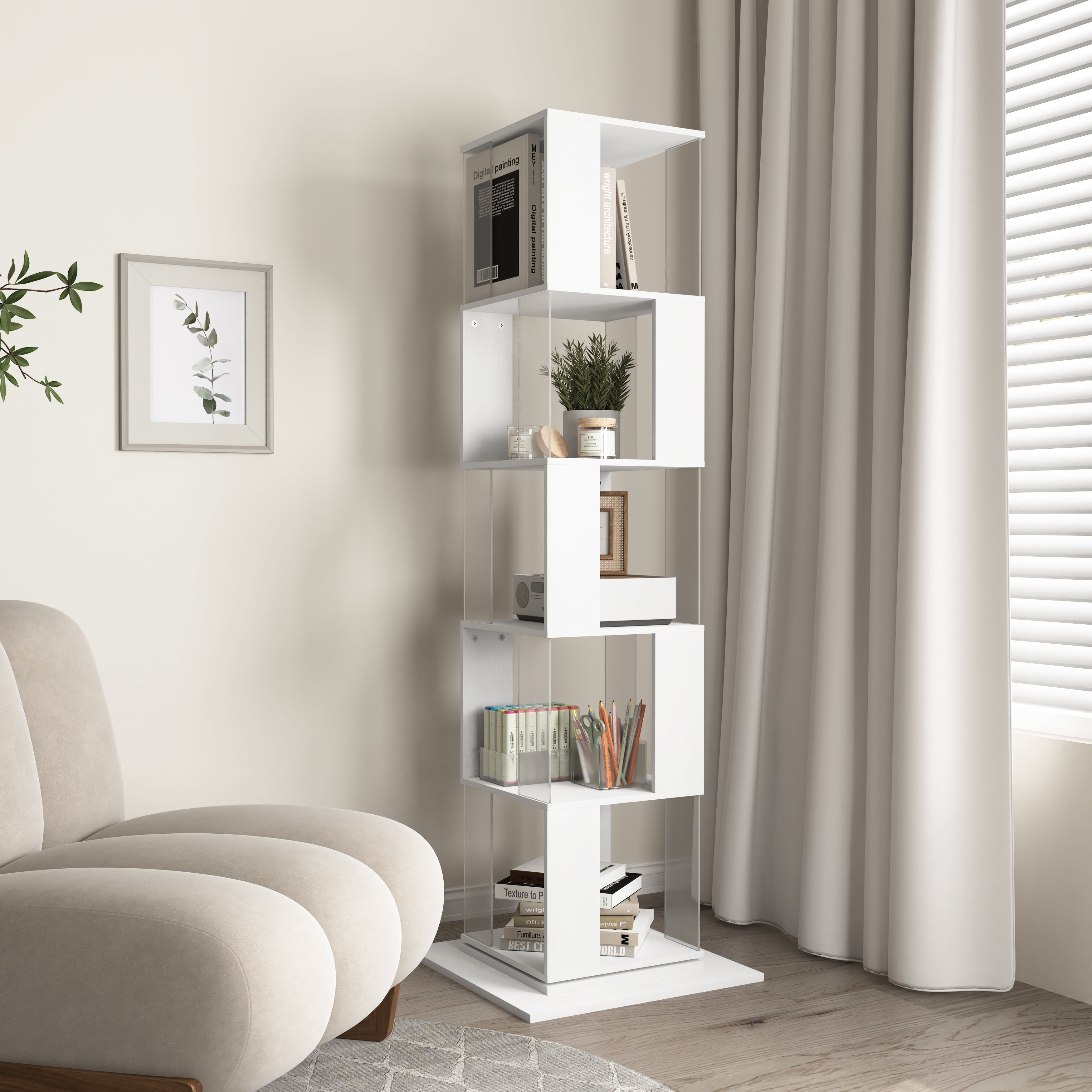 MAYEERTY 5-Tier Rotating Bookshelf, Space-Saving Bookcase with Acrylic Plate & Anti-Tipping Base