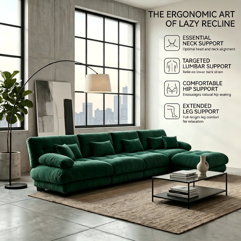 ANPPORT Cloud Couch Sleeper Sofa, Chenille Green 4-Seater Modular Sofa with 1 Ottomans, 4 Lumbar pillows, 2 Pillows, Comfy Deep Seat Cloud Sofa, Convertible L-Shaped Floor Couch for Living Room