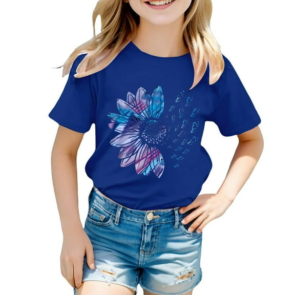 XADYUY Girls Tee Shirts 7-16 Summer Short Sleeve Toddler Girls T-Shirts Sunflower Print Tshirts Toddler Casual Crewneck Cotton Tops 9-10 Years,Blue