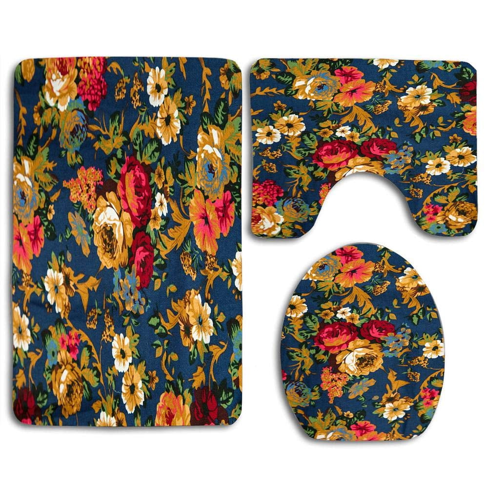 GOHAO Dark Blue Floral Swing 3 Piece Bathroom Rugs Set Bath Rug Contour