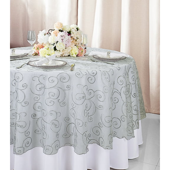 Wedding Linens Inc. 90" Round Embroidered Organza Table Overlay Toppers Tablecloth - Silver