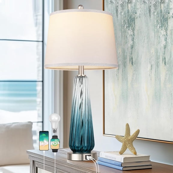 Glass Table Lamps for Living Room, Modern Bedside Lamps with USB A C Ports, 3-Way Dimmable Control Nightstand Lamp with White Linen Shade, 27.5" Large Lamps for Bedrooms Decor, Teal, 1 Pack
