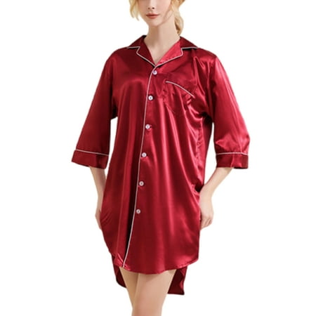 

Sexy Dance Ladies Shirt Nightgowns 3/4 Sleeve Night Gowns Lapel Neck Sleep Dress Lounge Pajama Nightdress Sleepwear Red S