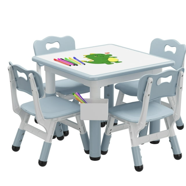 EastVita Kids Table and 4 Chairs Set,Height Adjustable Toddler Table,Graffiti Desktop,Children Learning Activity Table Light Grey