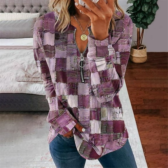 ZhenYing Long Sleeve Shirts for Women, Women's Denim Plaid Printed Zipper Long Sleeve Top Flannel Shirts for Women