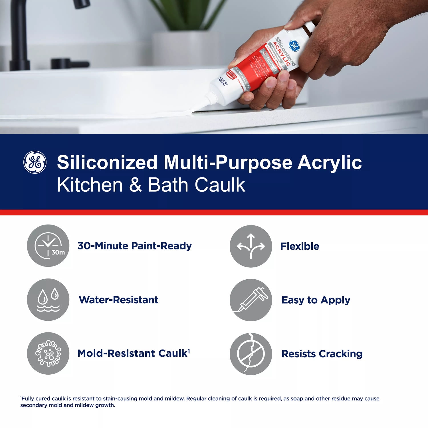 GE Siliconized Acrylic Multipurpose Sealant Kitchen & Bath, Pack of 1, White 5.5 fl oz Tube
