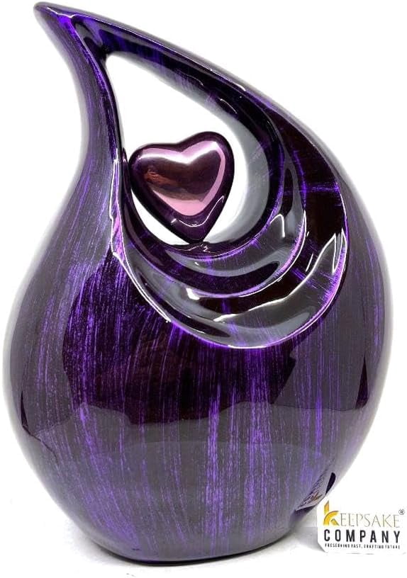 Tear Urn for Ashes 2.5L - Black & Purple Aluminum with Heart Insert - Teardrop Urns for Human Ashes - Cremation Urns for Adult Male/Female - Decorative Burial & Funeral Urn