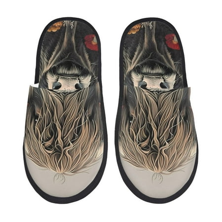 Balery Butterfly Cow With Flowers Slient Indoor Furry Fleece Comfort House Shoes Soft Non-Slip Home Shoes Cotton slippers House Slippers-- Large
