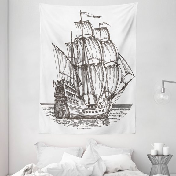 Pirate Ship Tapestry, Old Retro Style Ship Floating on Water Antique Cruise Marine Sketch Art, Wall Hanging for Bedroom Living Room Dorm Decor, 60W X 80L Inches, Dark Green White, by Ambesonne