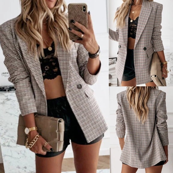 Womens Blazer Jacket Casual Double Button Blazer Jackets Trendy Plaid Coat Dressy Lapel Collar Outwear Fall And Winter
