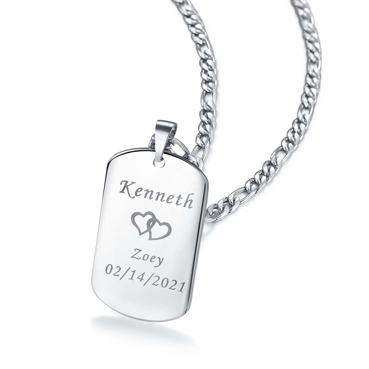 Men's Custom Necklace Silver Personalized Double Heart Pattern Pendant Necklace Engraved with