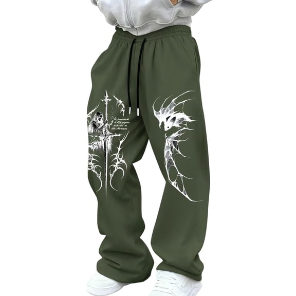 Mens Relaxed Cut Wide Leg Sweat Trousers Vintage Y2K Gothic Street Style Casual Pants with Elastic Drawstring Waist