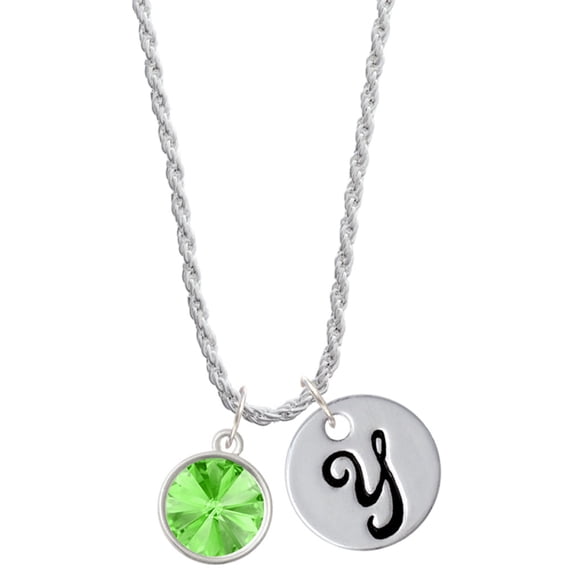 Delight Jewelry 12mm Crystal Rivoli - Lime Green Silvertone Script Initial Disc - Y - Charm Necklace, 20"+3"
