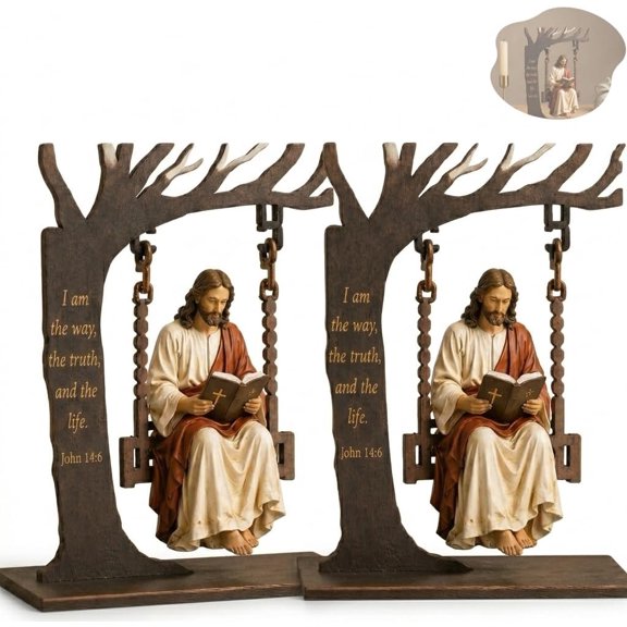 Christian Jesus Swing Ornament,7in Wood Jesus Bible Swing Ornament John 14:6 Jesus Swinging on Tree Desktop Decoration,Gift for Christian Believers Bible Lovers(2pcs)