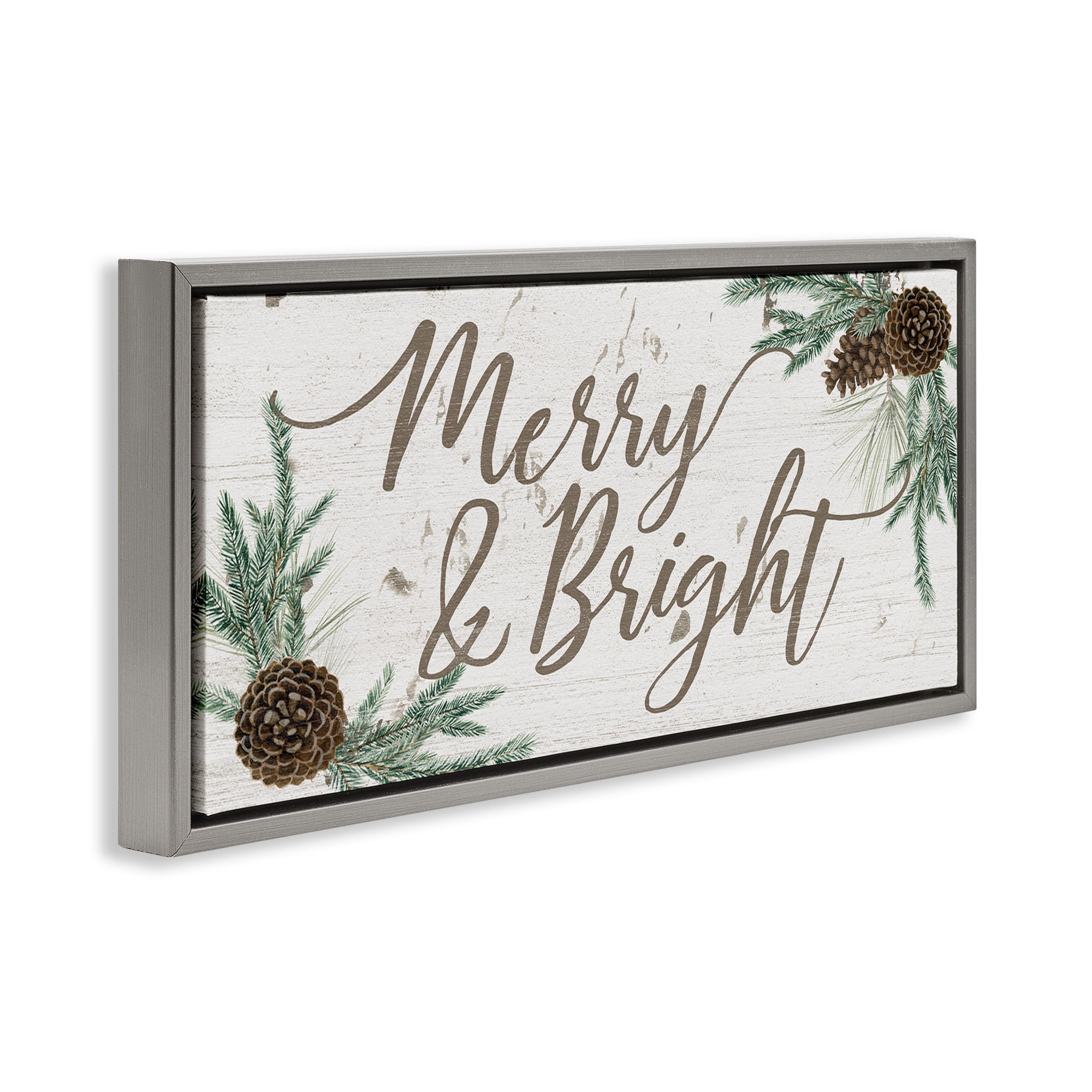 Stupell Industries Merry & Bright Festive Winter Holiday Painting Gray Floater Framed Canvas Art Print Wall Art, 31 x 14
