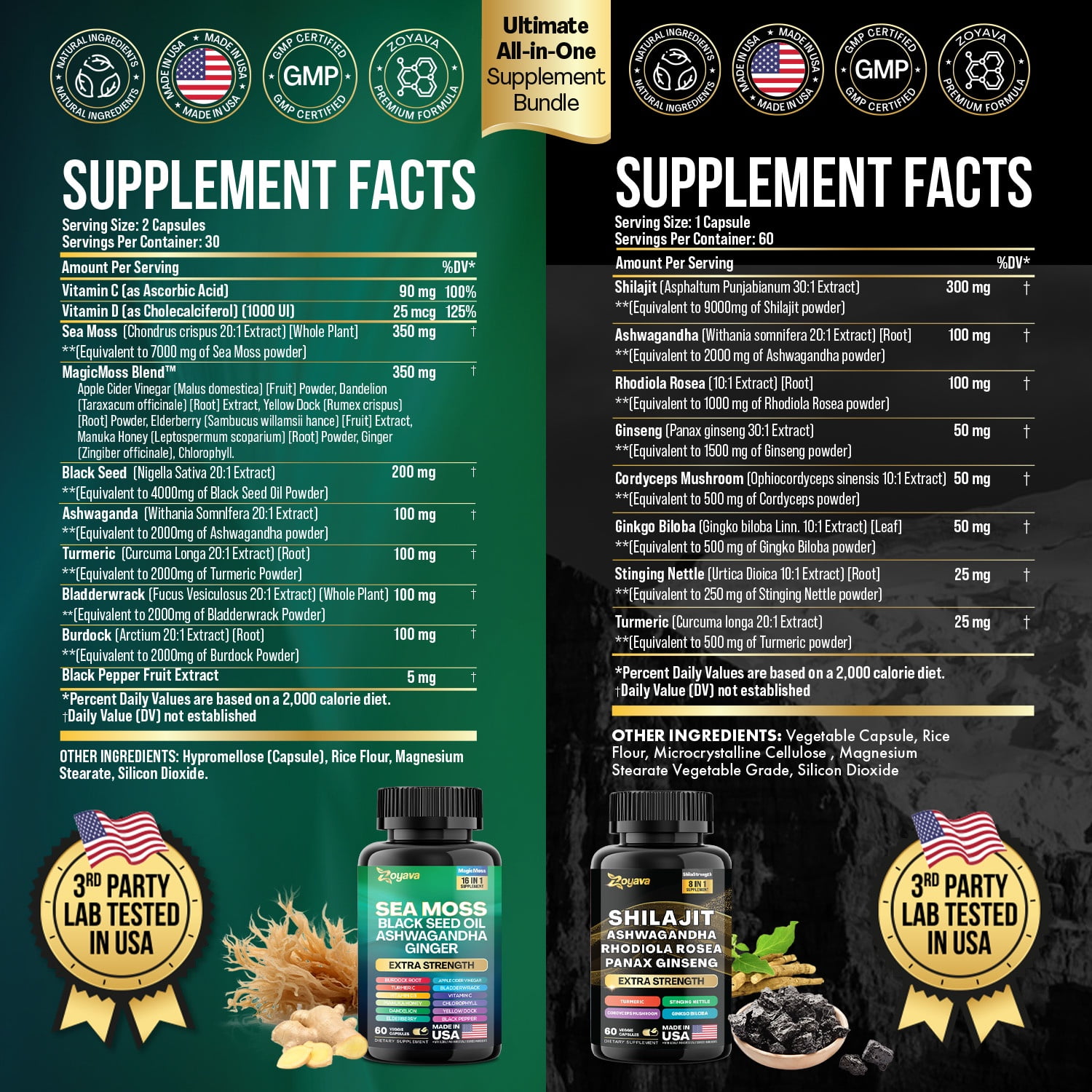 Zoyava Sea Moss & Shilajit Capsules Bundle - 16-in-1 19,445 MG + 8-in-1 15,250 MG with Ashwagandha & Turmeric